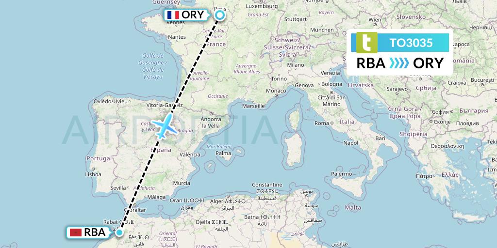 TO3035 Transavia France Flight Map: Rabat to Paris