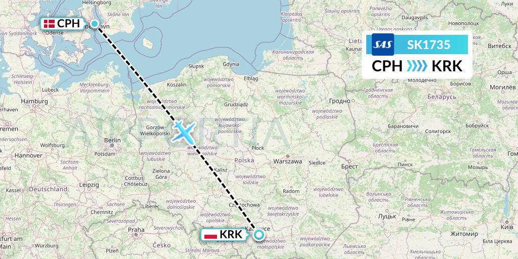 SK1735 SAS Flight Map: Copenhagen to Krakow