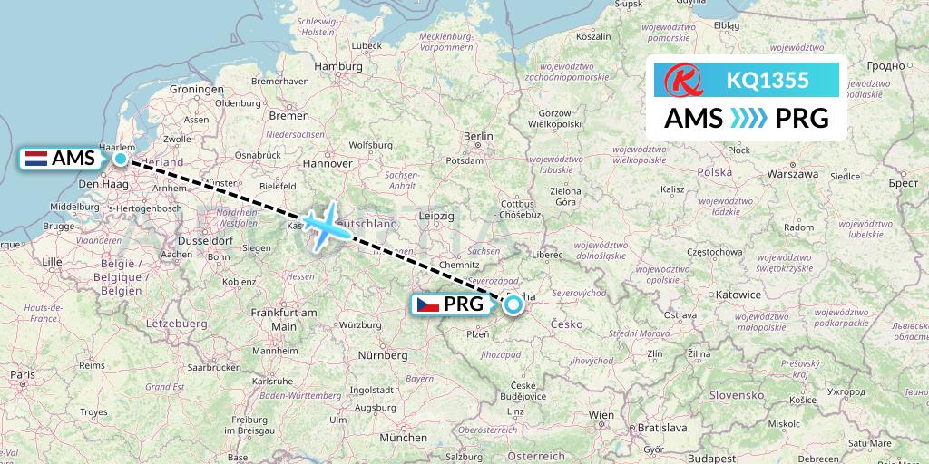 KQ1355 Kenya Airways Flight Map: Amsterdam to Prague