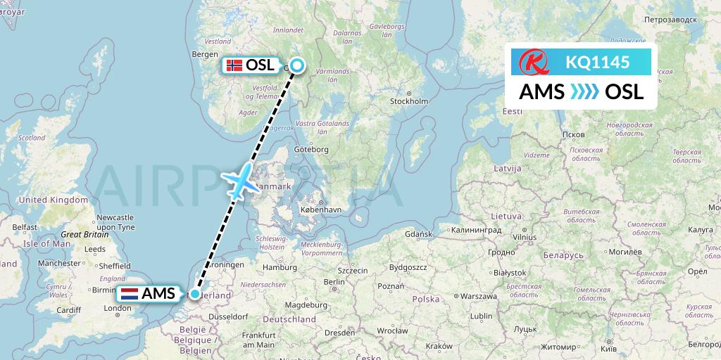 KQ1145 Kenya Airways Flight Map: Amsterdam to Oslo