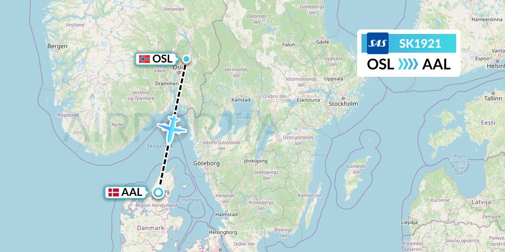 SK1921 SAS Flight Map: Oslo to Aalborg