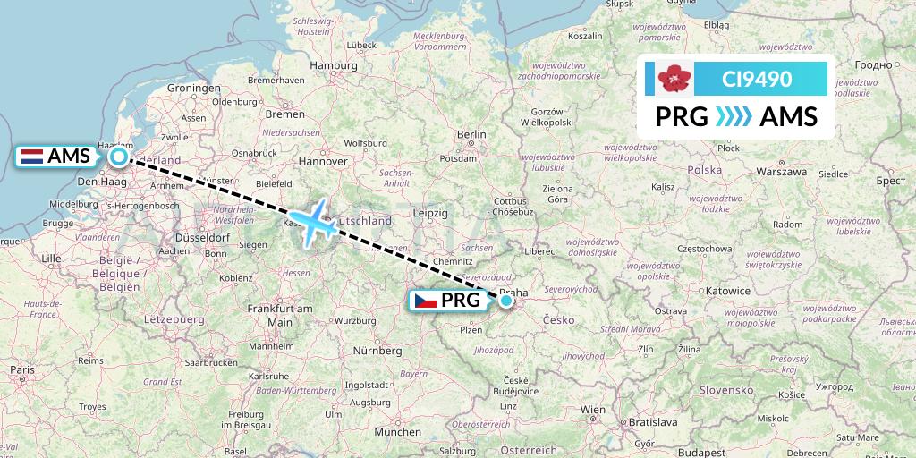 CI9490 China Airlines Flight Map: Prague to Amsterdam