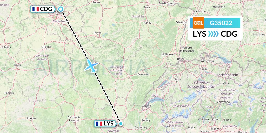 G35022 GOL Transportes Aeros Flight Map: Lyon to Paris