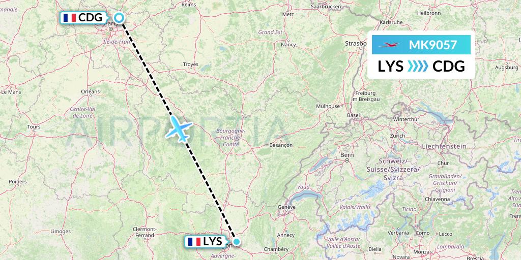 MK9057 Air Mauritius Flight Map: Lyon to Paris