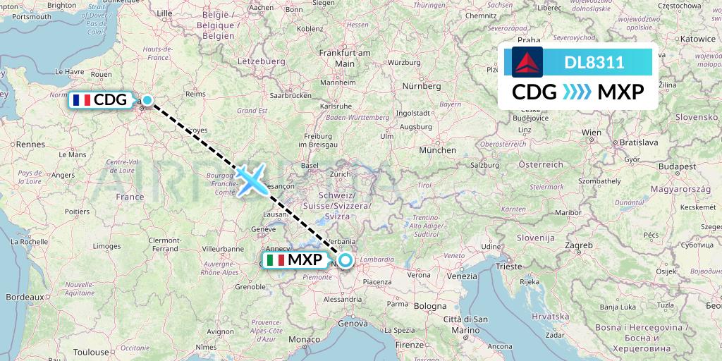 DL8311 Delta Air Lines Flight Map: Paris to Milan