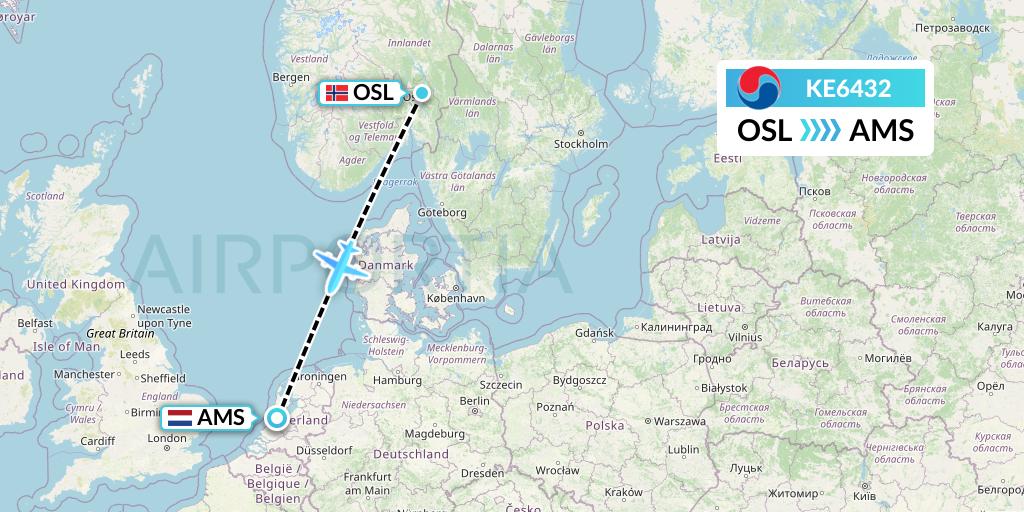 KE6432 Korean Air Flight Map: Oslo to Amsterdam