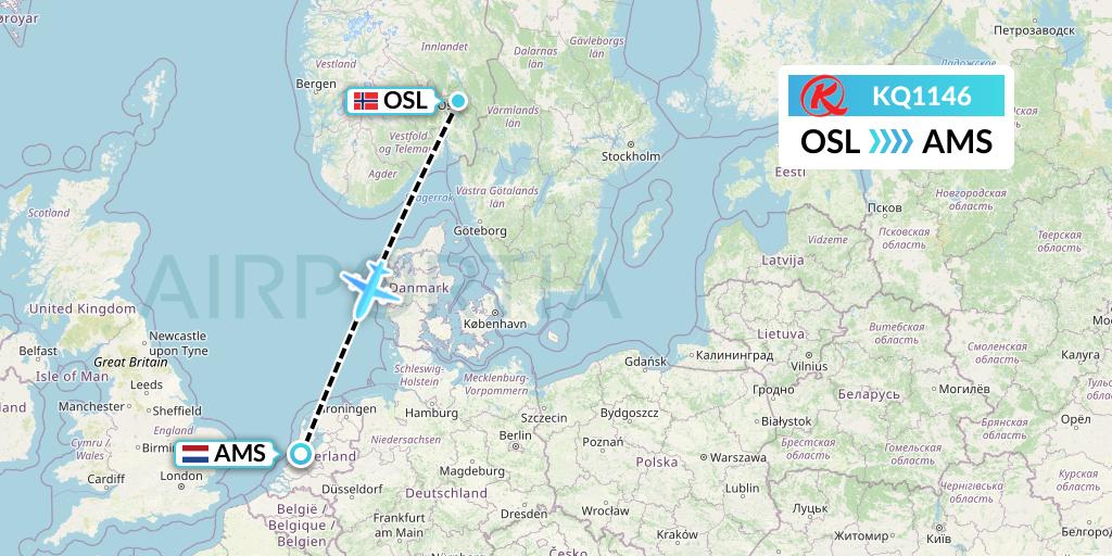 KQ1146 Kenya Airways Flight Map: Oslo to Amsterdam