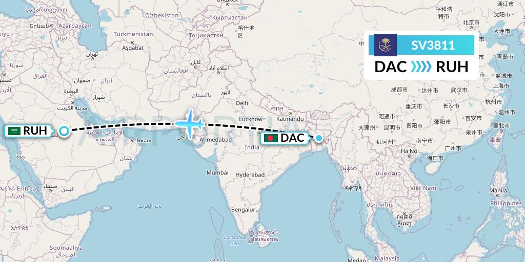 SV3811 Saudi Arabian Airlines Flight Map: Dhaka to Riyadh