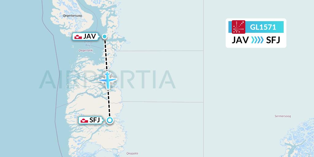 GL1571 Air Greenland Flight Map: Ilulissat to Kangerlussuaq