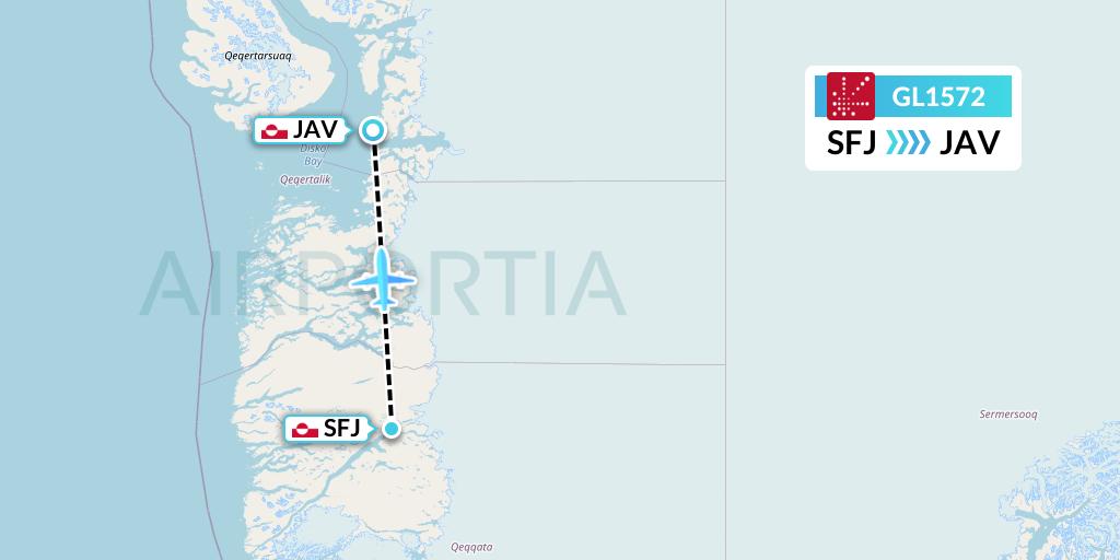 GL1572 Air Greenland Flight Map: Kangerlussuaq to Ilulissat