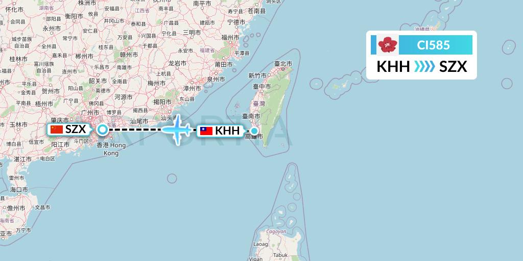 CI585 China Airlines Flight Map: Kaohsiung to Shenzhen