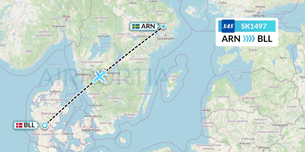 SK1497 SAS Flight Map: Stockholm to Billund