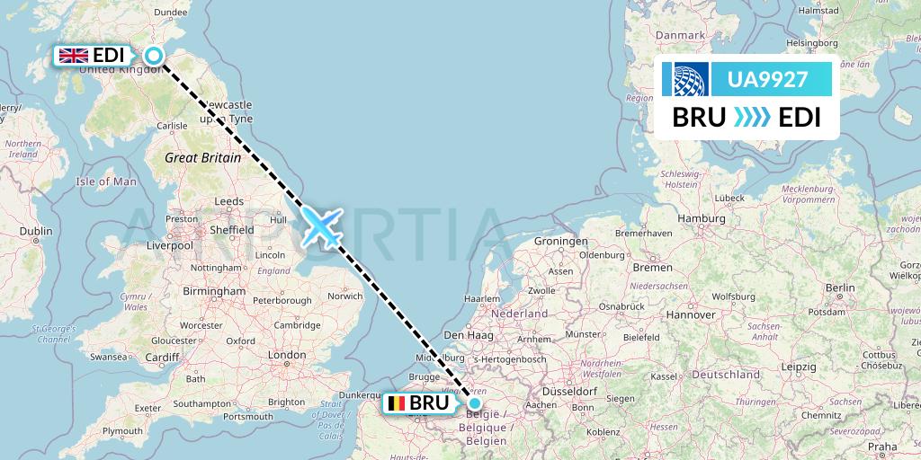 UA9927 United Airlines Flight Map: Brussels to Edinburgh