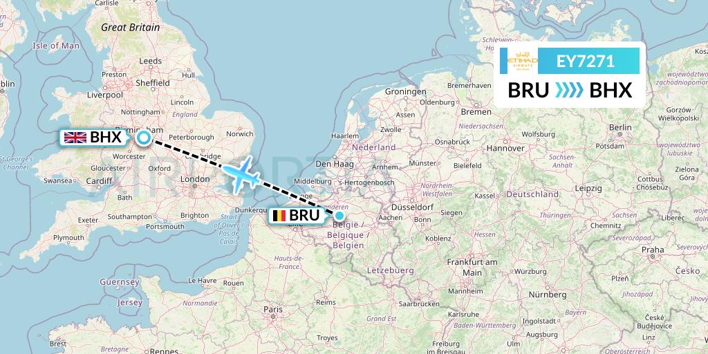 EY7271 Etihad Airways Flight Map: Brussels to Birmingham