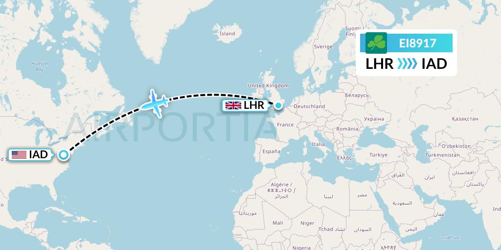 EI8917 Aer Lingus Flight Map: London to Washington