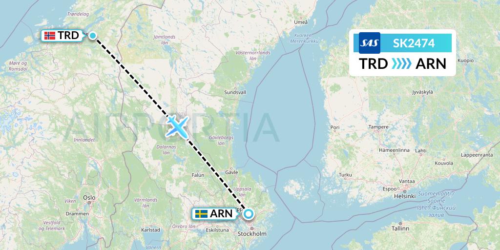 SK2474 SAS Flight Map: Trondheim to Stockholm