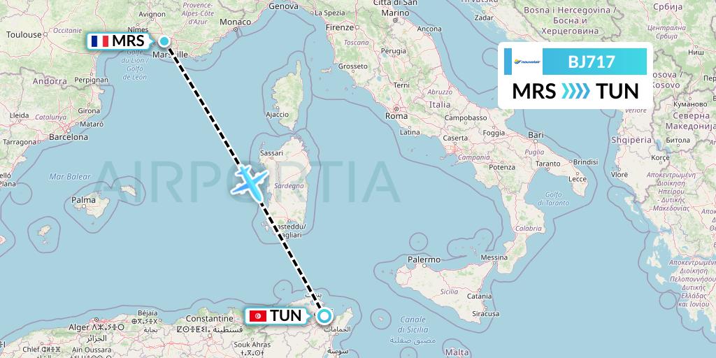 BJ717 Nouvelair Tunisie Flight Map: Marseille to Tunis