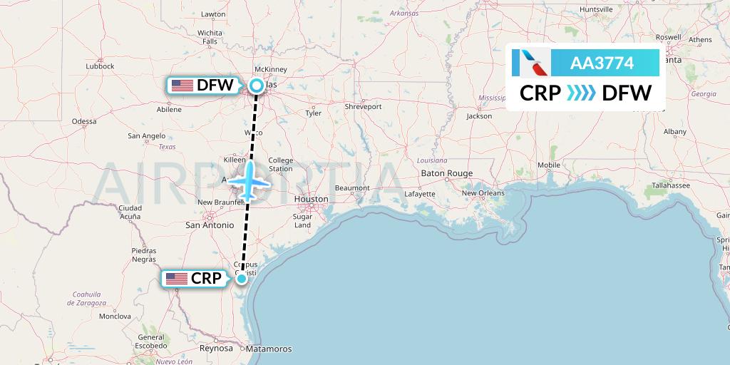AA3774 American Airlines Flight Map: Corpus Christi to Dallas
