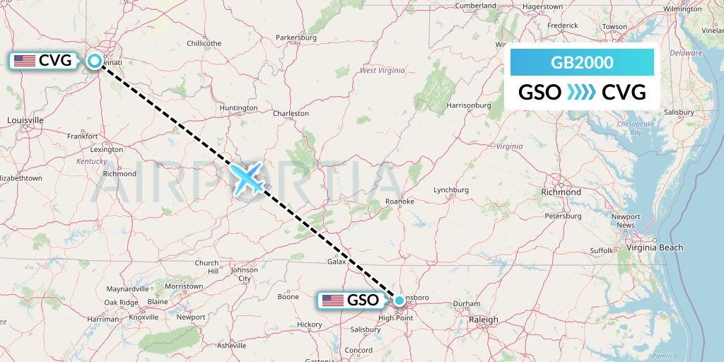 GB2000 ABX Air Flight Map: Greensboro to Cincinnati