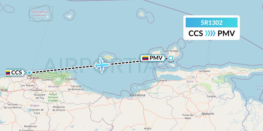5R1302 Rutaca Airlines Flight Map: Caracas to Porlamar