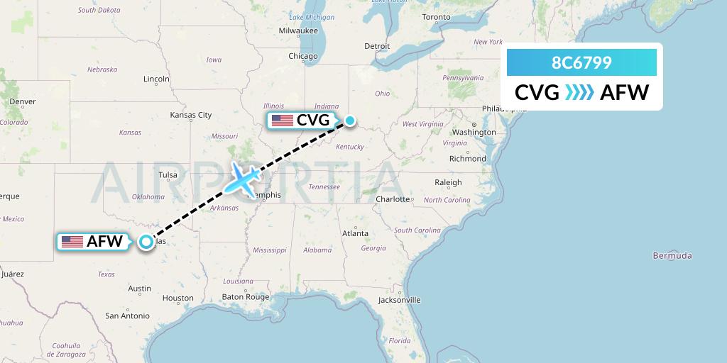 8C6799 Air Transport International Flight Map: Cincinnati to Fort Worth
