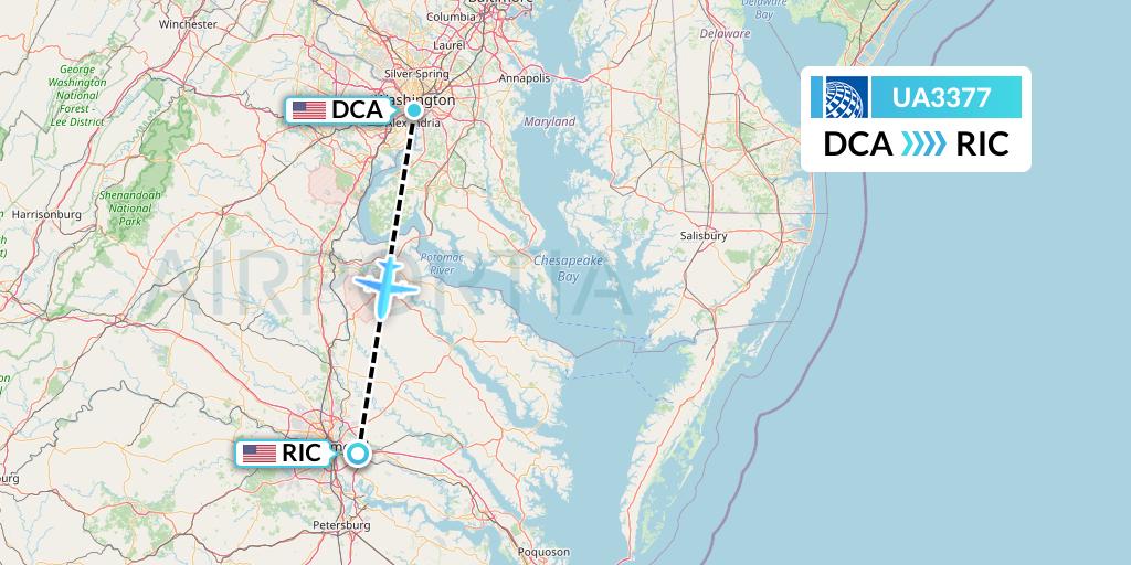 UA3377 United Airlines Flight Map: Washington to Richmond