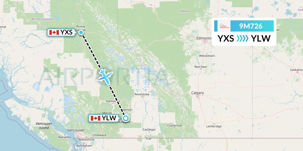 9M726 Central Mountain Air Flight Map: Prince George to Kelowna