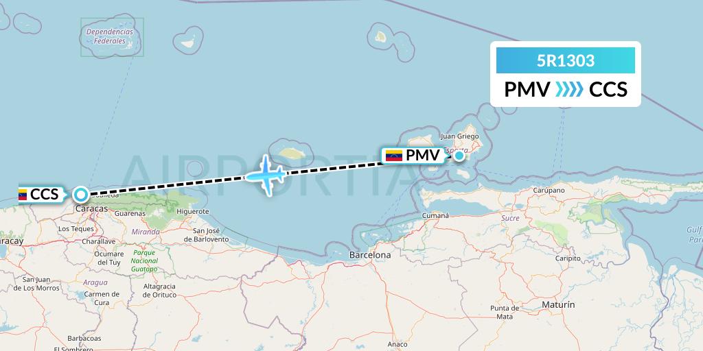 5R1303 Rutaca Airlines Flight Map: Porlamar to Caracas
