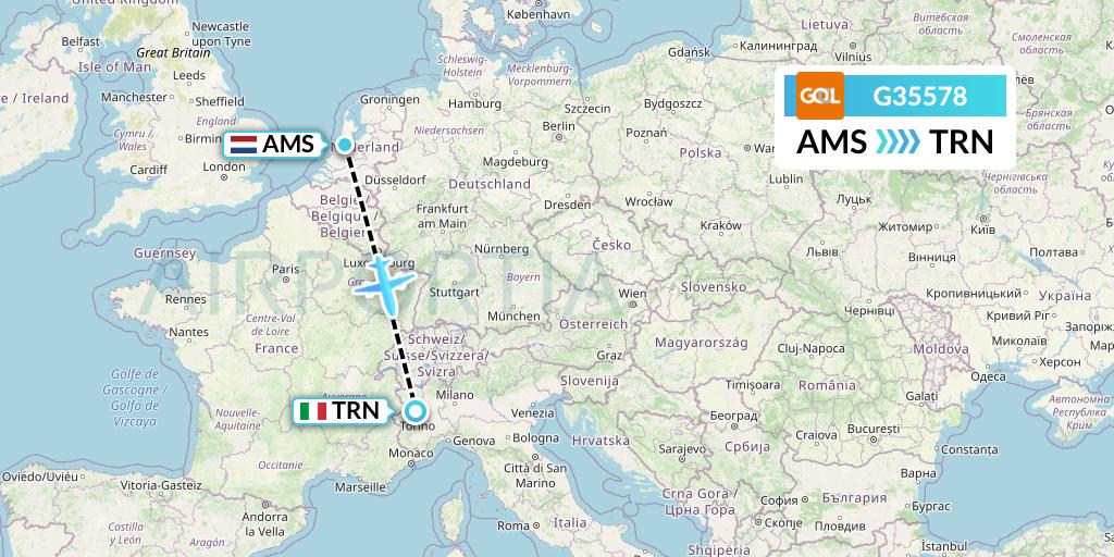G35578 GOL Transportes Aeros Flight Map: Amsterdam to Turin