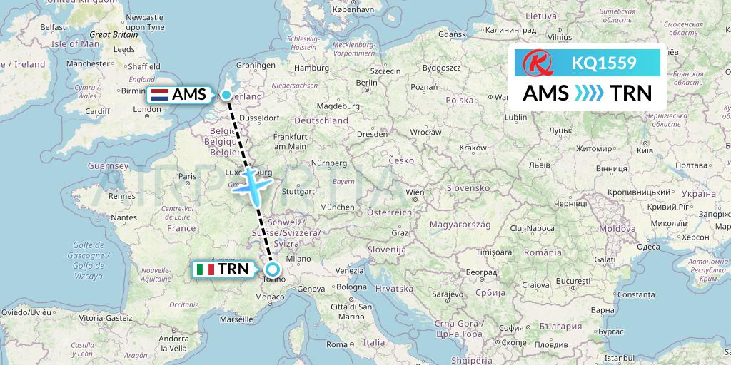 KQ1559 Kenya Airways Flight Map: Amsterdam to Turin