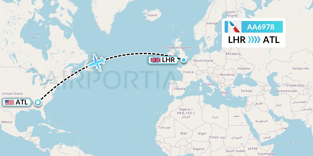 AA6978 American Airlines Flight Map: London to Atlanta