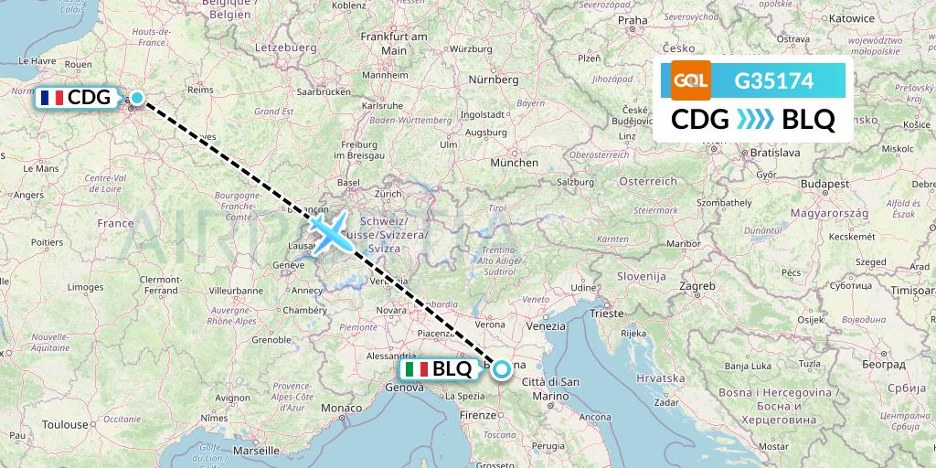 G35174 GOL Transportes Aeros Flight Map: Paris to Bologna