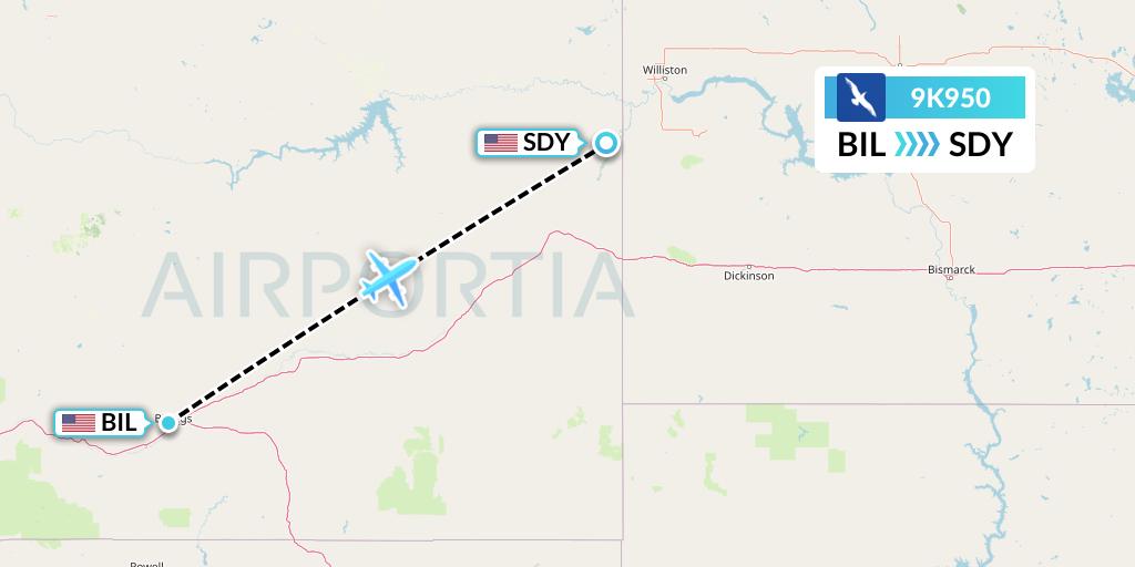 9K950 Cape Air Flight Map: Billings to Sidney