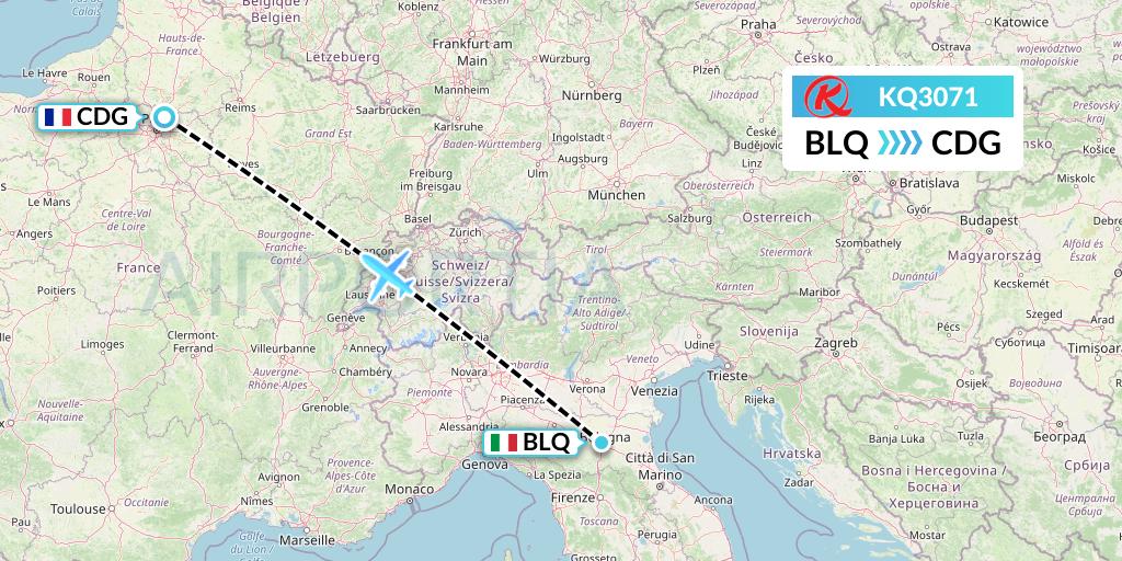 KQ3071 Kenya Airways Flight Map: Bologna to Paris