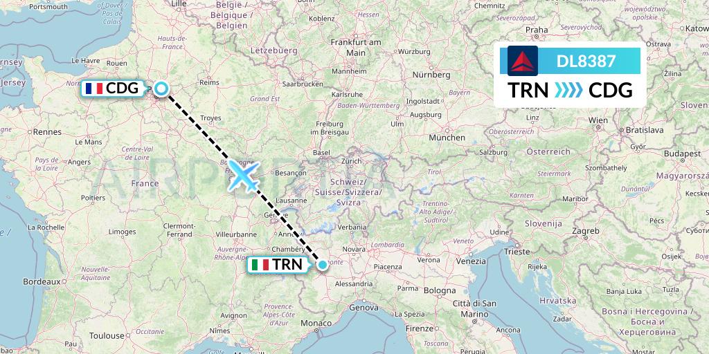 DL8387 Delta Air Lines Flight Map: Turin to Paris