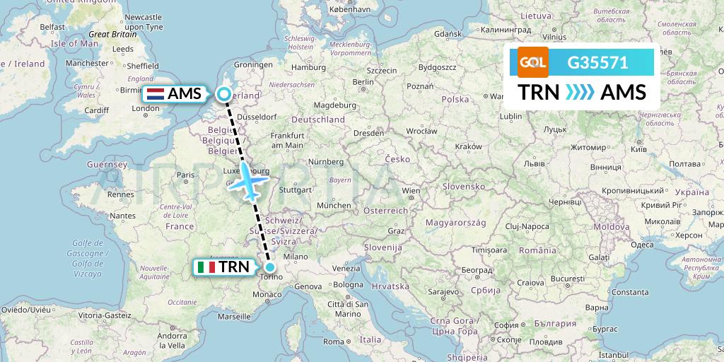 G35571 GOL Transportes Aeros Flight Map: Turin to Amsterdam