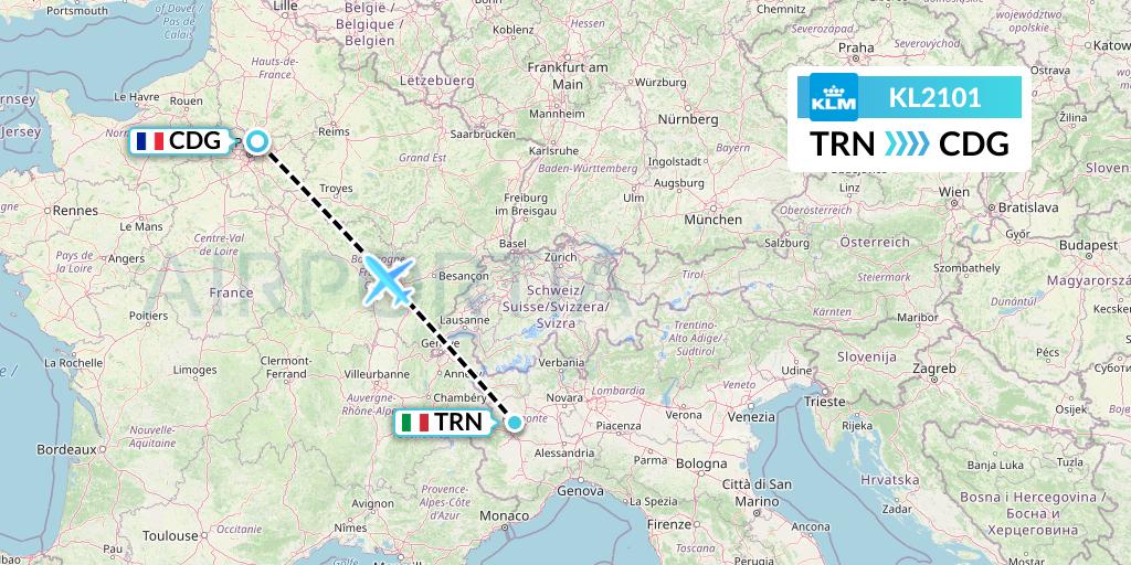 KL2101 KLM Flight Map: Turin to Paris