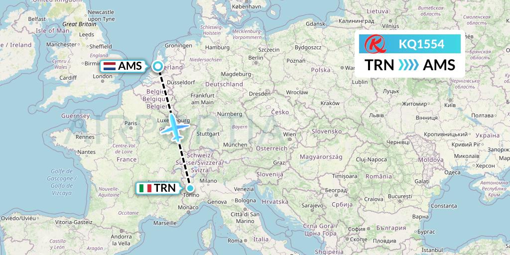 KQ1554 Kenya Airways Flight Map: Turin to Amsterdam