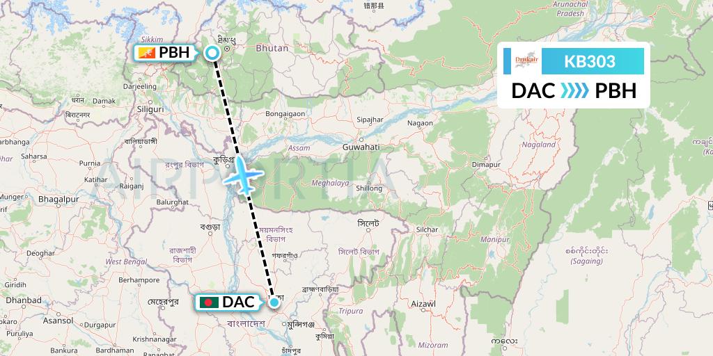 KB303 Druk Air Flight Map: Dhaka to Paro