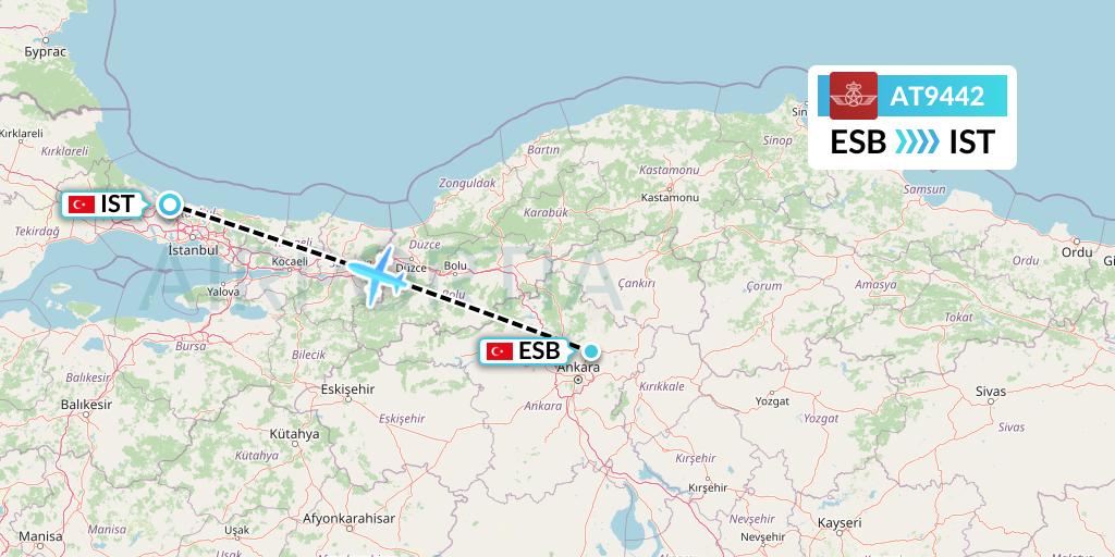 AT9442 Royal Air Maroc Flight Map: Ankara to Istanbul