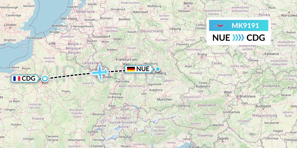 MK9191 Air Mauritius Flight Map: Nurnberg to Paris