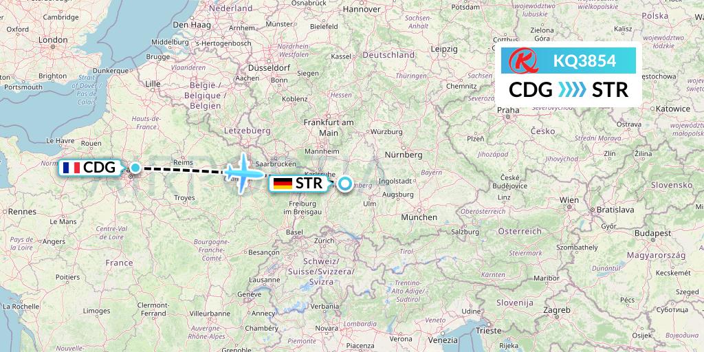 KQ3854 Kenya Airways Flight Map: Paris to Stuttgart