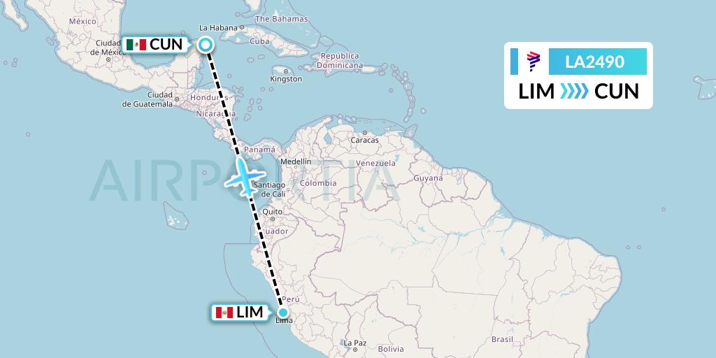 LA2490 LAN Airlines Flight Map: Lima to Cancun