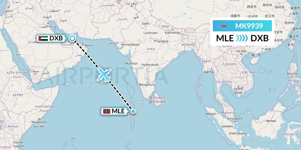 MK9939 Air Mauritius Flight Map: Male to Dubai