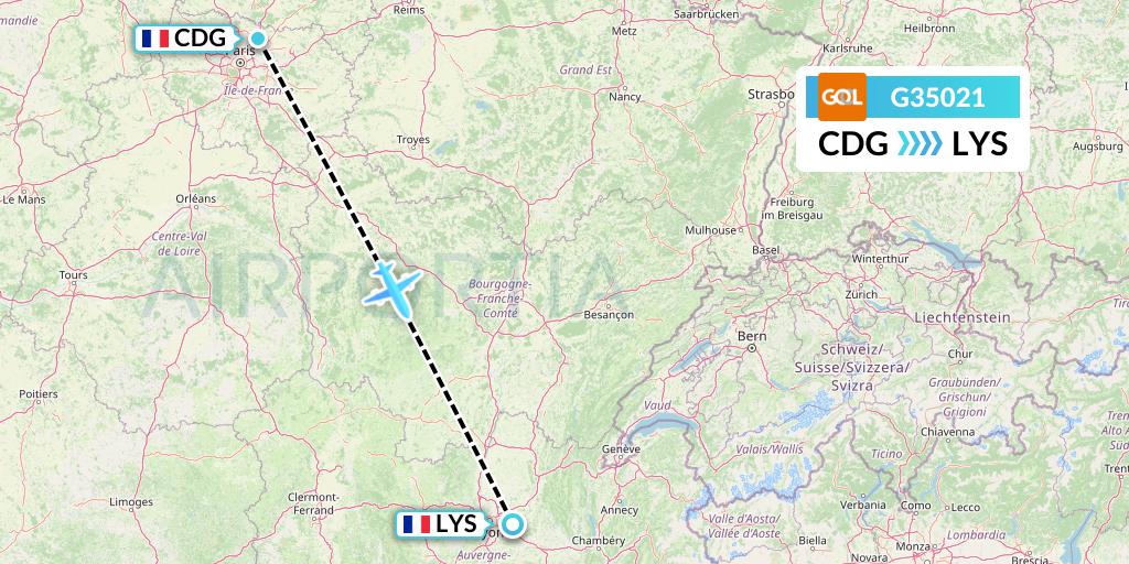 G35021 GOL Transportes Aeros Flight Map: Paris to Lyon