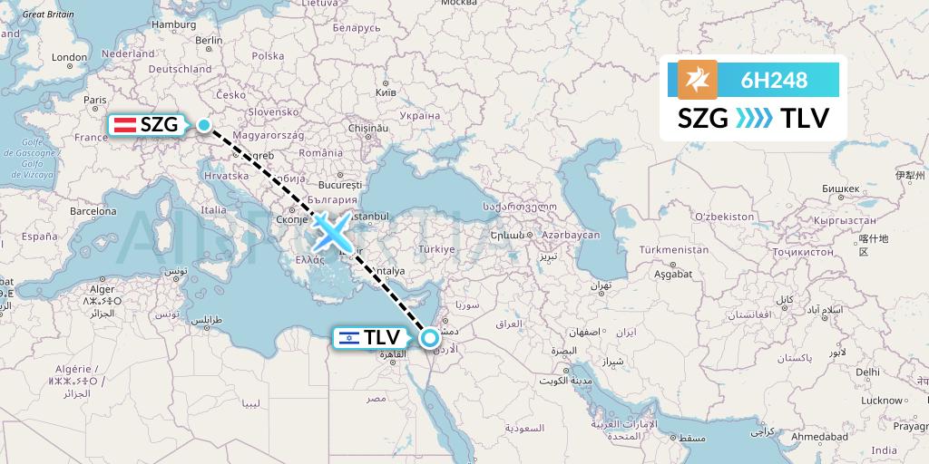 6H248 Israir Airlines Flight Map: Salzburg to Tel Aviv