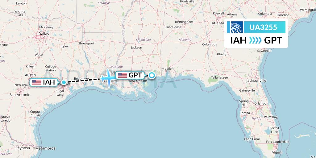UA3255 United Airlines Flight Map: Houston to Gulfport