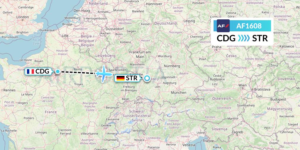 AF1608 Air France Flight Map: Paris to Stuttgart