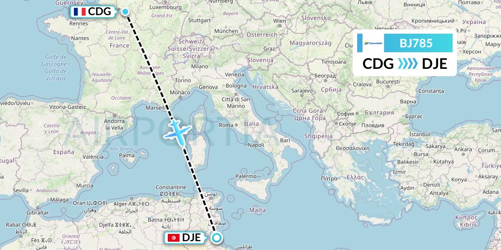 BJ785 Nouvelair Tunisie Flight Map: Paris to Djerba
