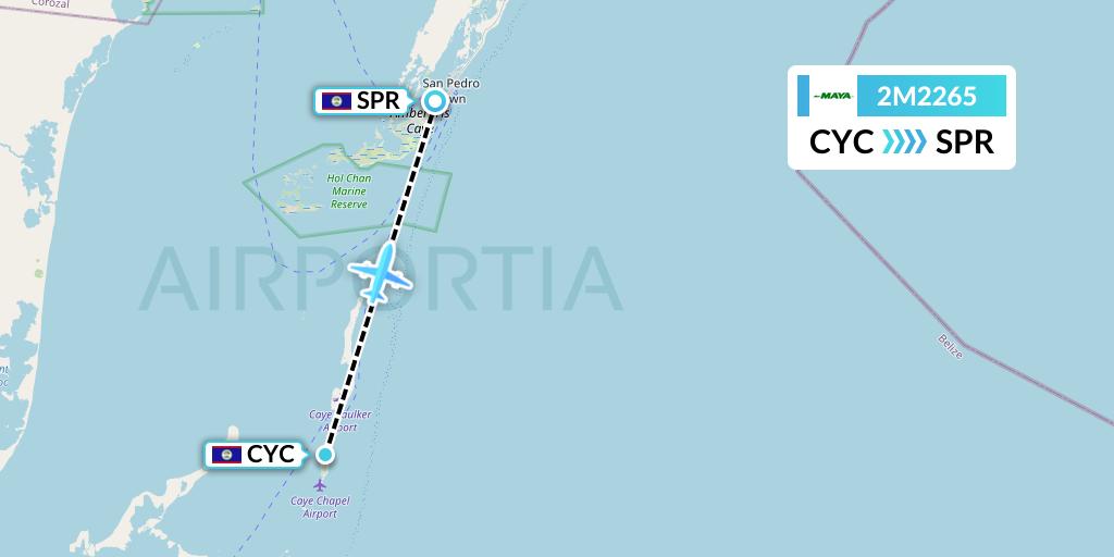 2M2265 Maya Island Air Flight Map: Caye Chapel to San Pedro